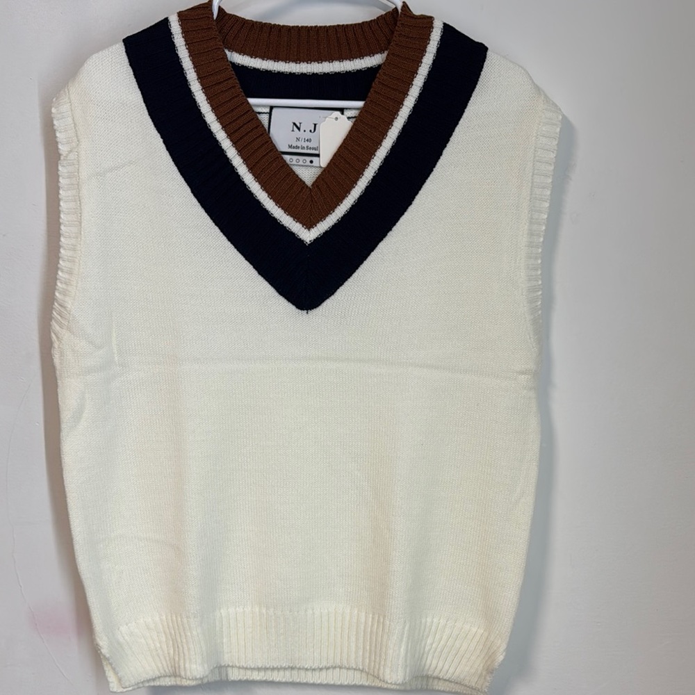 Men's White and Brown V-Neck Vest